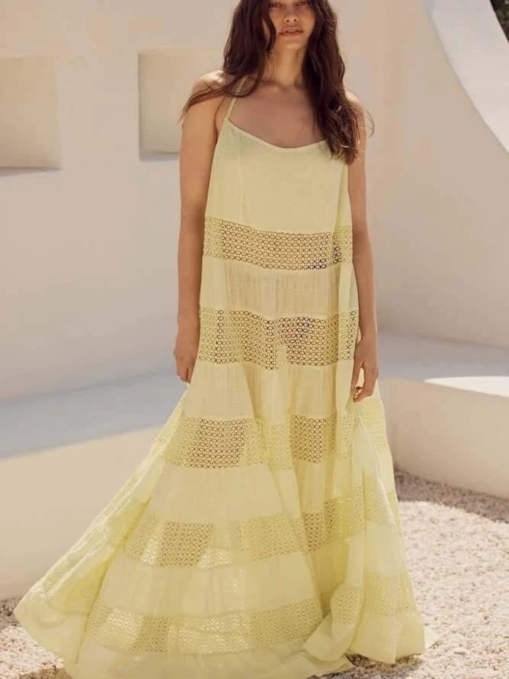 Anthropologie Lime Green Cotton Crochet-Panel Maxi Dress